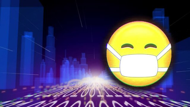 Animation of emoji icon and binary coding over digital city