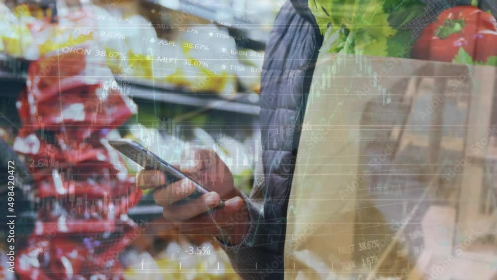 Poster animation of data processing over biracial man using smartphone in shop