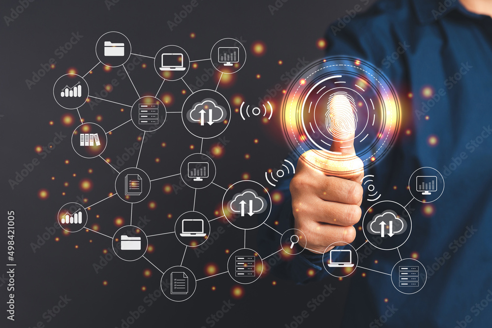 Poster a businessman scan fingerprint biometric identity to access personal data