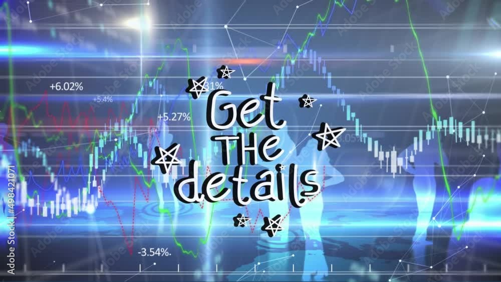Poster animation of get the details text and data processing on blue background