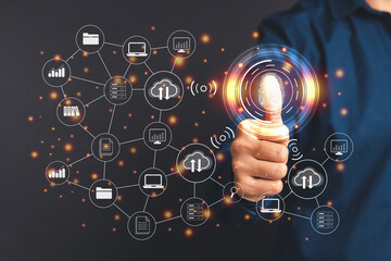A Businessman scan fingerprint biometric identity to access personal data