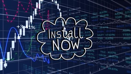 Animation of install now text and data processing on blue background - Powered by Adobe