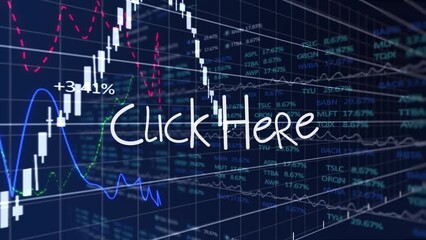 Animation of click here text and data processing on blue background - Powered by Adobe