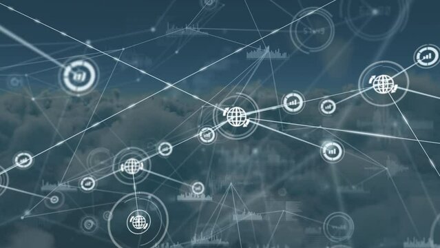 Animation of network of connections with icons over sky and clouds