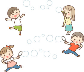 シャボン玉で遊ぶ子供達