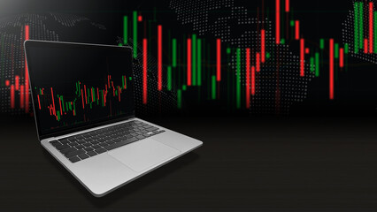 Futuristic stock exchange scene with laptop,Red and Green chart, numbers and SELL and BUY Options black background