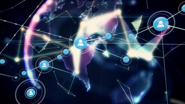 Animation of network of connections with people icons over globe with glowing spots