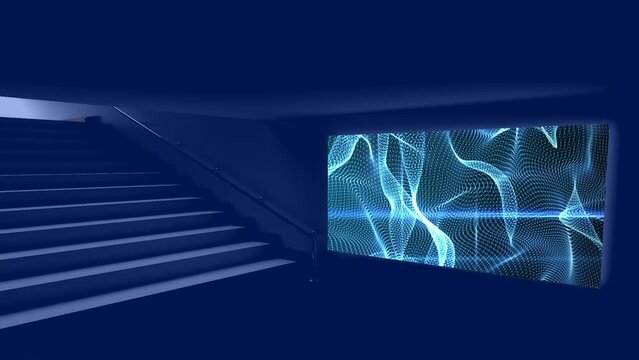 Animation of screensavers on screen in navy space with stairs
