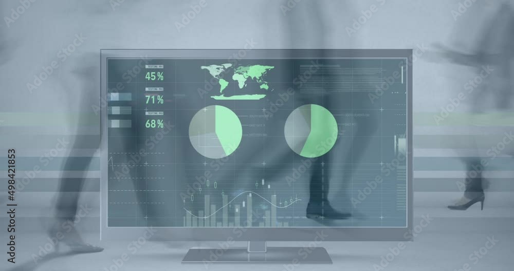 Aufkleber animation of financial data on computer screen over timelapse with businesspeople