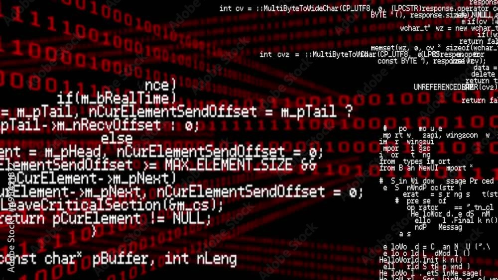 Poster animation of computer code processing on black and red background