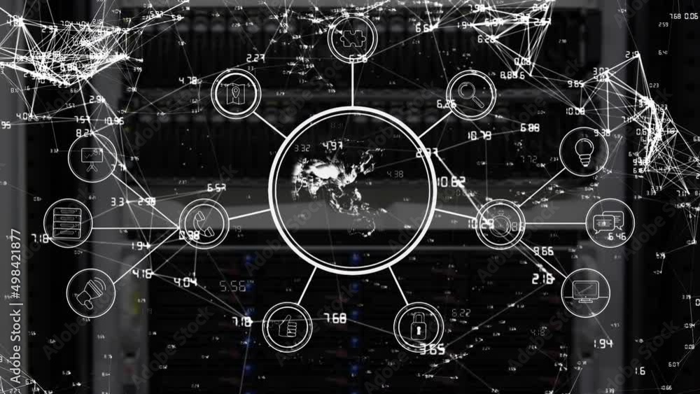 Poster animation of network of connections with icons over computer servers