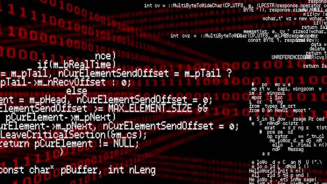 Animation of computer code processing on black and red background