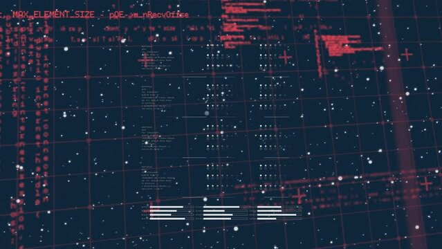 Animation of computer code processing on navy background with lights