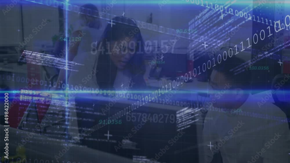 Poster animation of data processing over diverse businesspeople using computer in office