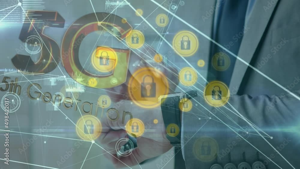 Poster animation of connections with icons and 5g over hands of caucasian man using smartwatch
