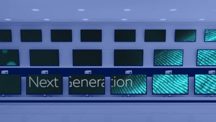 Animation of screensavers with next generation on screens in tech store - Powered by Adobe