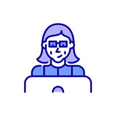 Older woman using a laptop. Working on her business, learning, communicating. Pixel perfect, editable stroke color icon