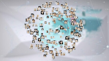 Animation of globe made of photos of diverse users and connections over beige background - Powered by Adobe
