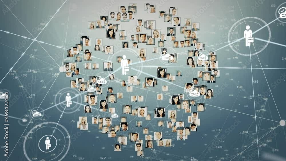 Poster animation of network of connections with icons over blue background with globe made of user photos