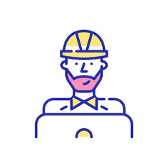 Obraz premium Young professional engineer or architect. Man in a hard hat working at a laptop. Pixel perfect, editable stroke fun color icon
