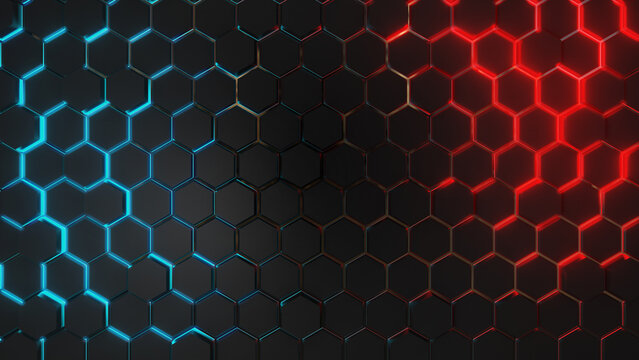 3D render Dark grey hexagon abstract technology background with blue and red colored bright lighting under hexagon © KengVit14