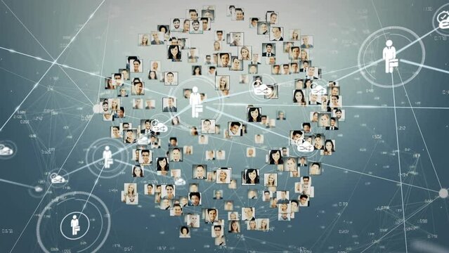 Animation of network of connections with icons over blue background with globe made of user photos