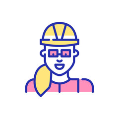 Female construction engineer or manager. Woman wearing a hard hat and glasses. Pixel perfect, editable stroke fun color icon