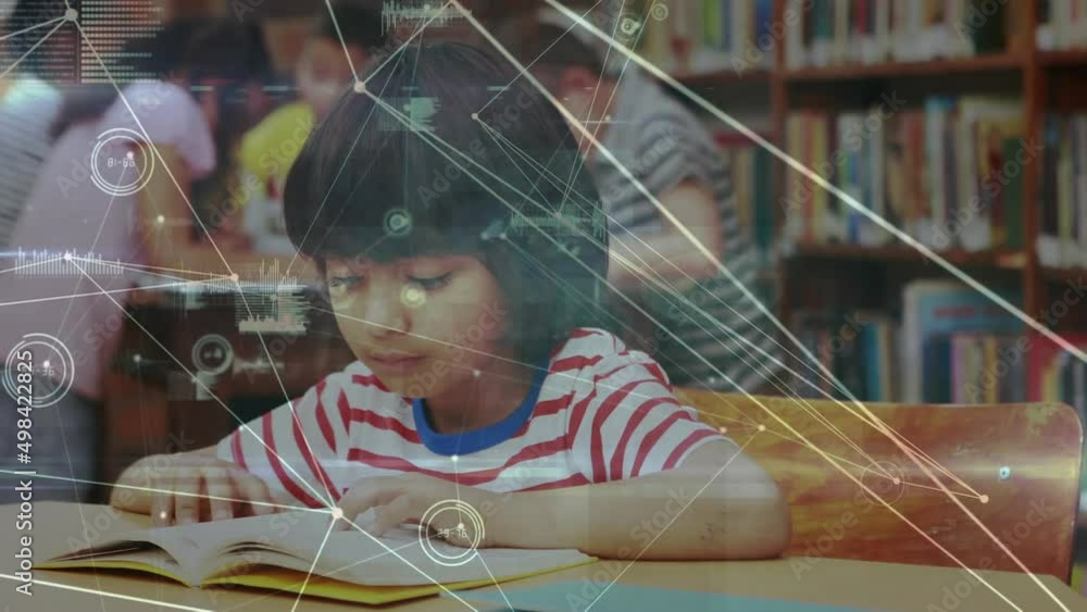 Poster network of connections and data processing against boy studying in library at school