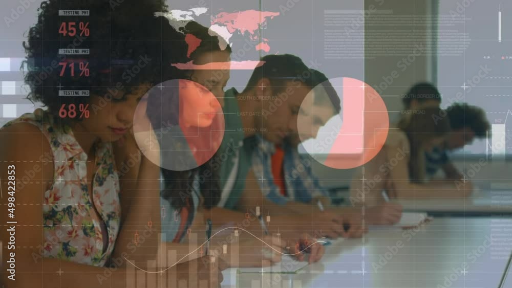 Aufkleber animation of statistics and digital data processing over students studying