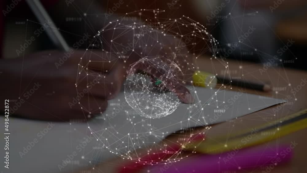 Poster Animation of globe of network of connections over schoolchild writing