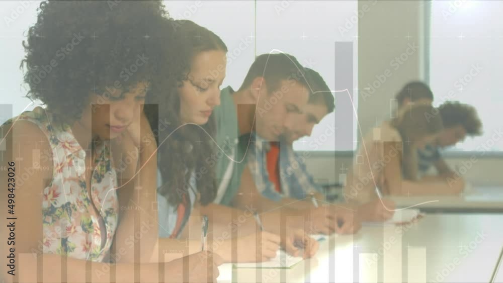 Aufkleber animation of statistics and data processing over students studying