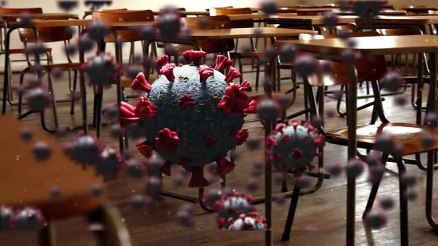 Animation of macro covid 19 cells over empty classroom