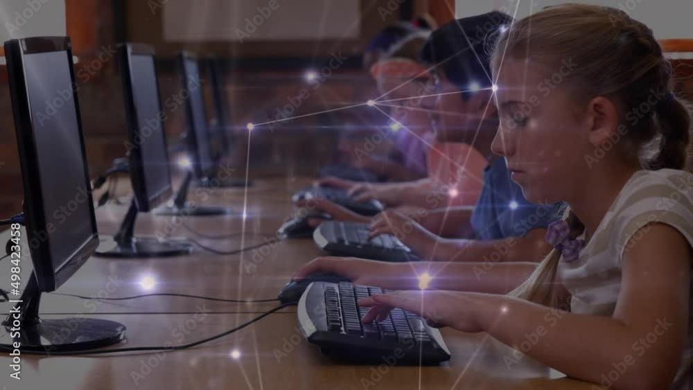 Poster animation of network of connections over schoolchildren using computers
