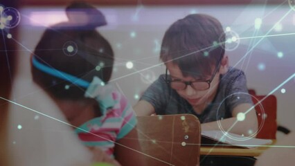 Animation of network of connections moving over schoolchildren writing in class - Powered by Adobe