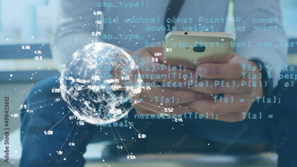 Poster animation of data processing and globe over man using smartphone