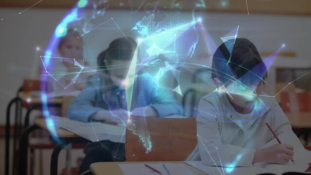 Animation of globe with network of connections over schoolgirls writing
