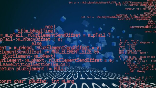 Digital animation of binary coding and data processing against blue square icons on blue background