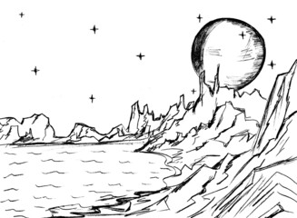 Fototapeta premium Cosmic landscape with a planet and stars