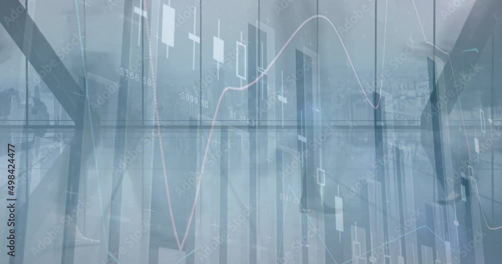 Poster composite video of statistical data processing against time lapse of people walking at office