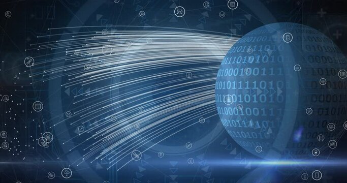Digital animation of multiple digital icons floating against binary coding on globe