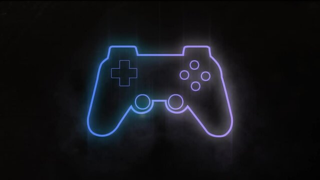 Neon gaming controller icon over purple light trails falling against black background