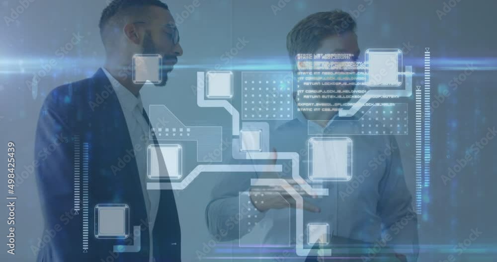 Poster animation of data processing and integrated circuit over diverse businesspeople talking