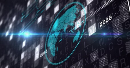 Animation of blue globe over data processing on dark background - Powered by Adobe