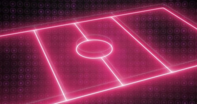 Animation of neon sports stadium over pink circles in row on black background