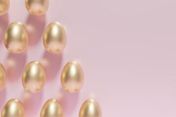 3d render of a pattern of golden Easter eggs on a pink background
