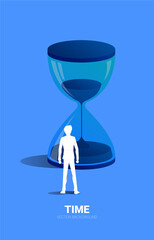 Silhouette of businessman standing with sand clock. Concept for office employee and working time.