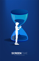 Silhouette of businessman use mobile phone standing with sand clock. Concept for office employee and working time.
