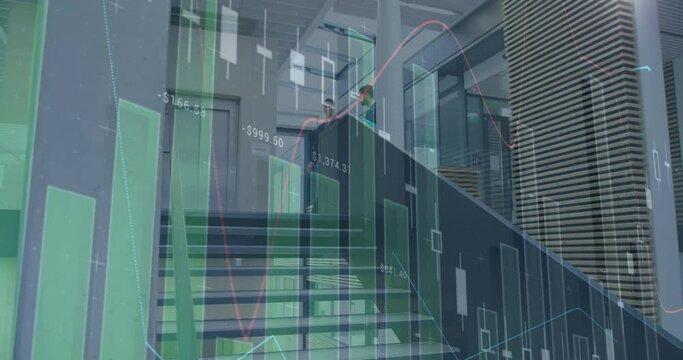 Statistical data processing against two caucasian businessmen walking down the stairs at office