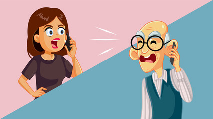 Woman Arguing with her Elderly Father over the Phone Vector Cartoon