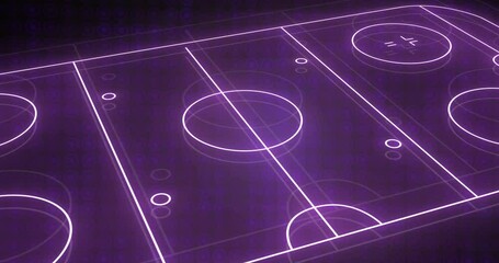 Animation of blue neon sports stadium over circles in row on black background